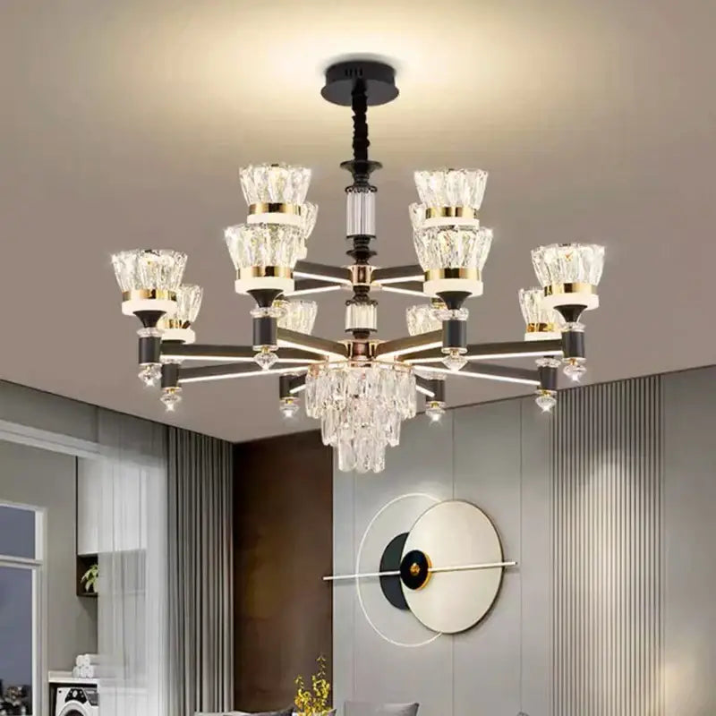 Modern pendant light decorbites crystal chandelier with black metal frame gold accents and clear glass shades for living room