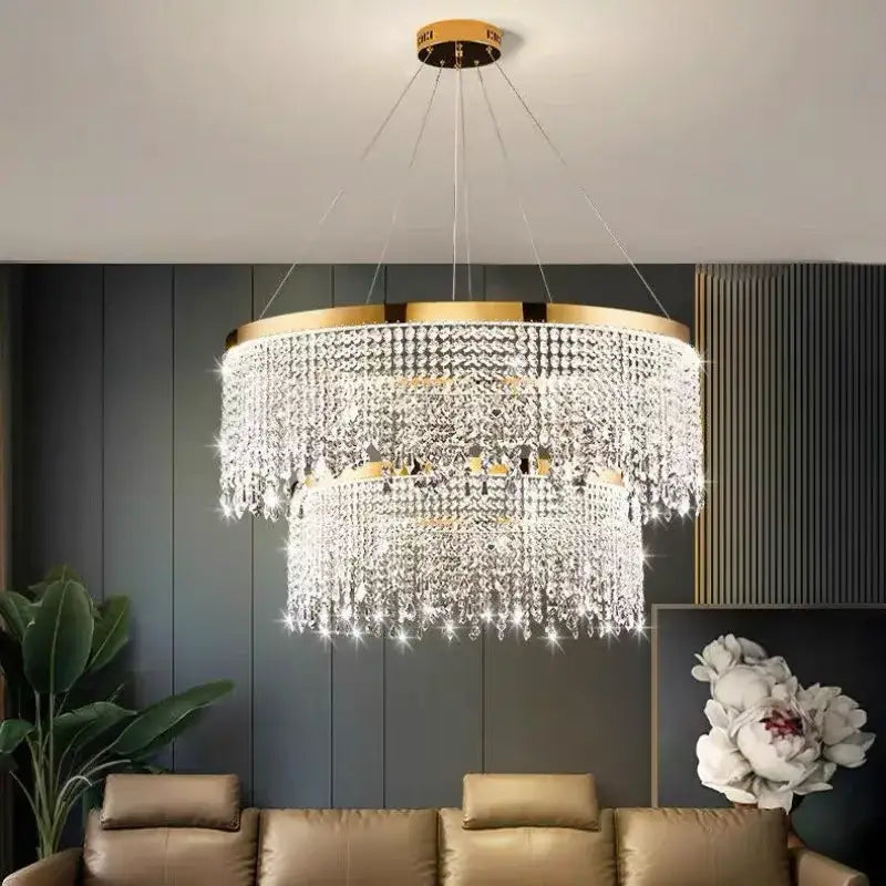 DecorBites crystal chandelier pendant light with gold-toned metal and cascading clear crystals for luxury décor