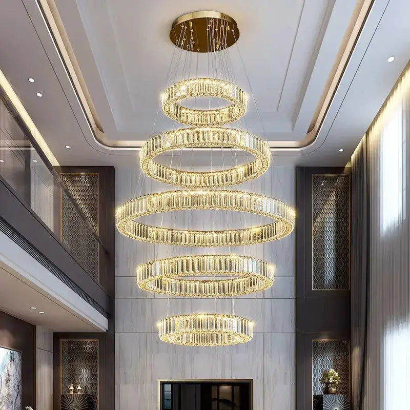 DecorBites crystal chandelier pendant light with golden spiral and cascading crystal rings for luxury indoor lighting