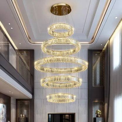 DecorBites crystal chandelier pendant light with golden spiral and cascading crystal rings for luxury indoor lighting
