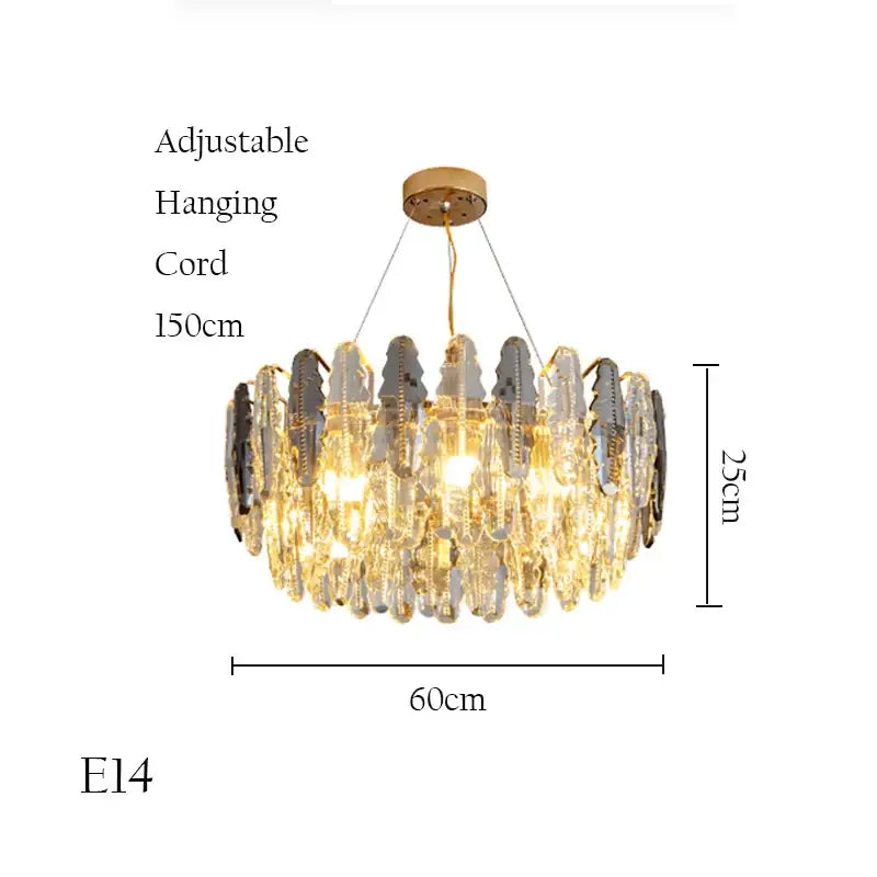 Decorbites crystal chandelier pendant light with gold mount and cascading clear and dark gray glass for living room