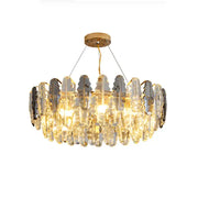 Decorbites crystal chandelier pendant light with gold ceiling mount and cascading clear smoky crystal droplets for living room