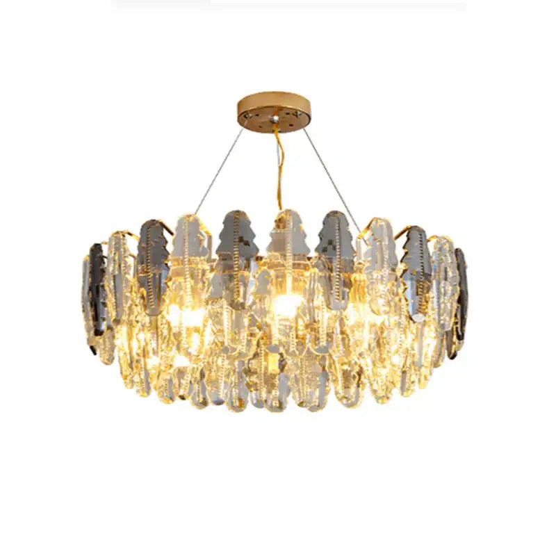 Decorbites crystal chandelier pendant light with gold ceiling mount and cascading clear smoky crystal droplets for living room