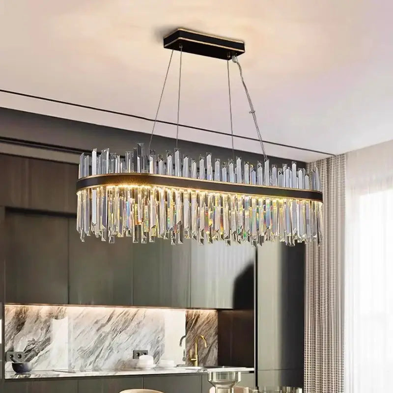 Elegant decorbites crystal chandelier pendant light with black metal frame and cascading clear crystal prisms for indoor use