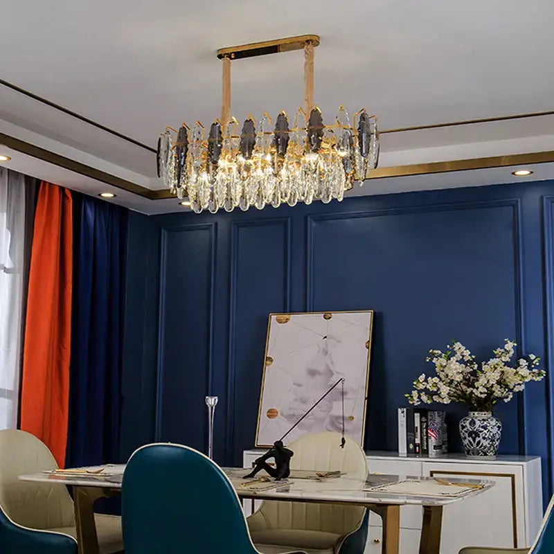 DecorBites crystal chandelier pendant light with gold-toned frame and clear crystal droplets for living room foyer