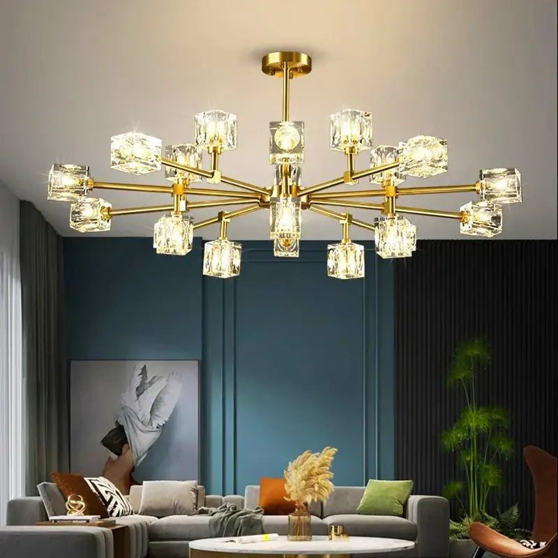 Gold-toned decorbites crystal chandelier pendant light with clear cube-shaped crystals for luxury indoor lighting