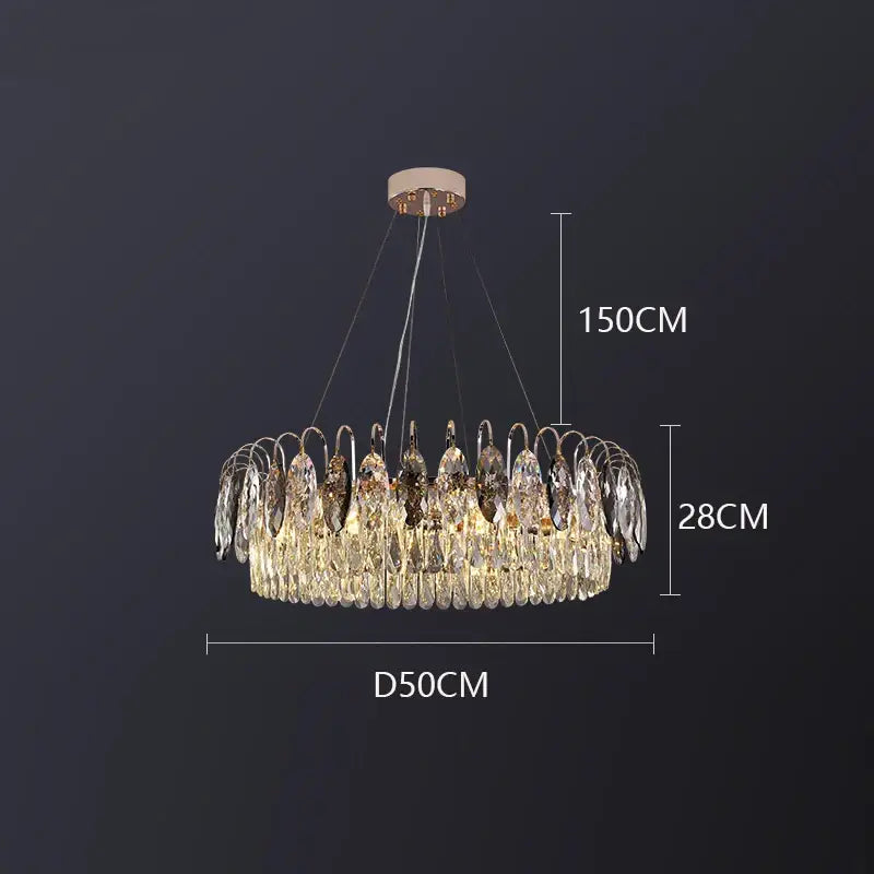 A modern decorbites crystal chandelier pendant light with gold metal frame and cascading crystal droplets for indoor use
