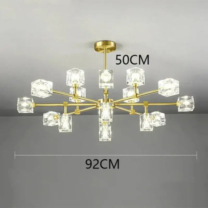 Gold-toned decorbites crystal chandelier pendant light with clear crystal cube shades for living room and bedroom ceiling