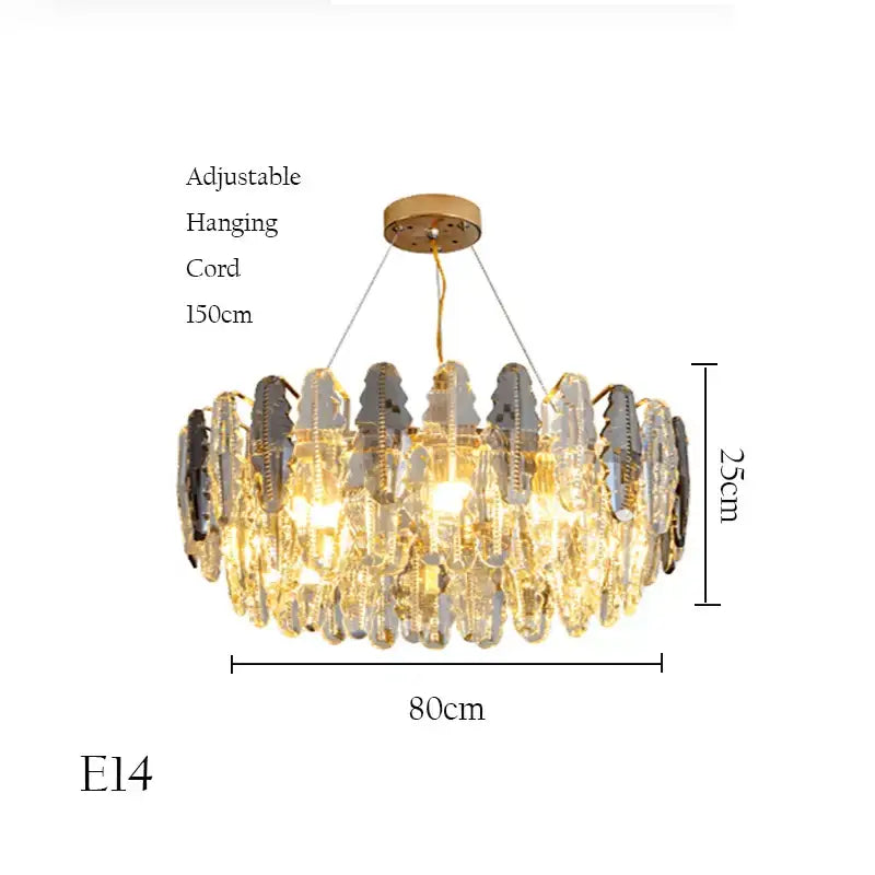 A decorbites crystal chandelier pendant light with gold mount and cascading clear and dark gray crystals for living room