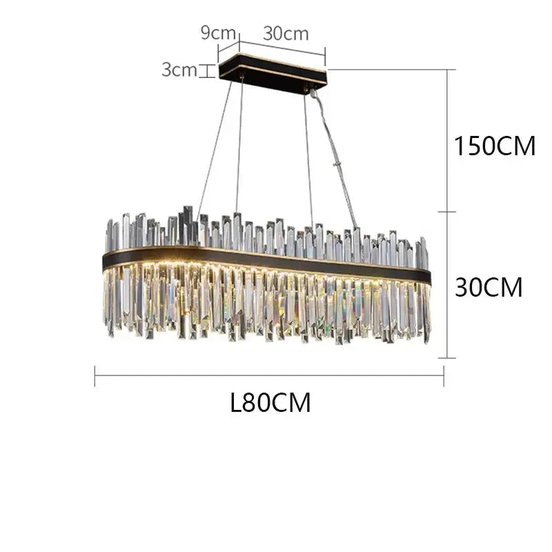 Elegant oval decorbites crystal chandelier pendant light with black metal frame and cascading clear crystal prisms for indoor use