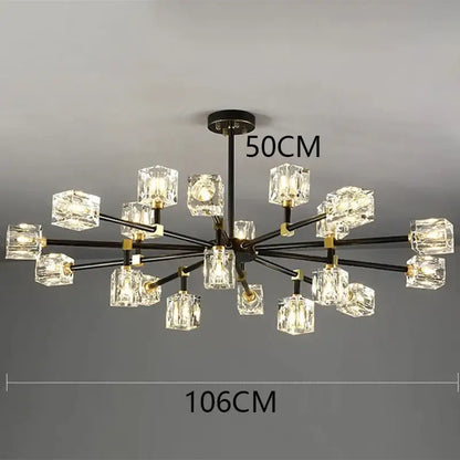 Modern black and gold DecorBites crystal chandelier pendant light with clear crystal cube shades for indoor luxury lighting