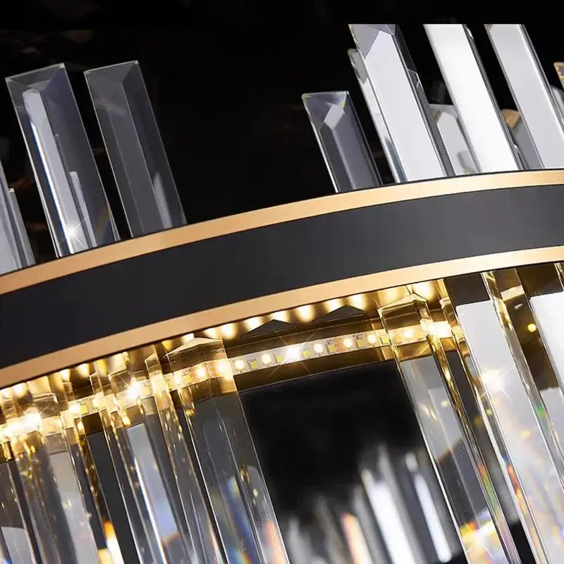 DecorBites crystal chandelier pendant light with clear crystal prisms on black and gold frame for indoor luxury lighting