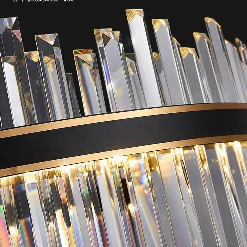 Decorbites crystal chandelier pendant light with clear faceted prisms gold accents and black band for indoor use