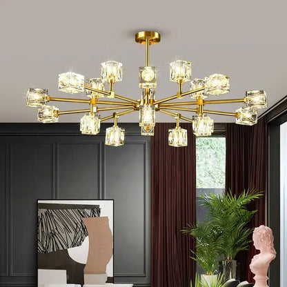Gold-toned DecorBites crystal chandelier pendant light featuring multiple crystal cube lights for luxury indoor lighting