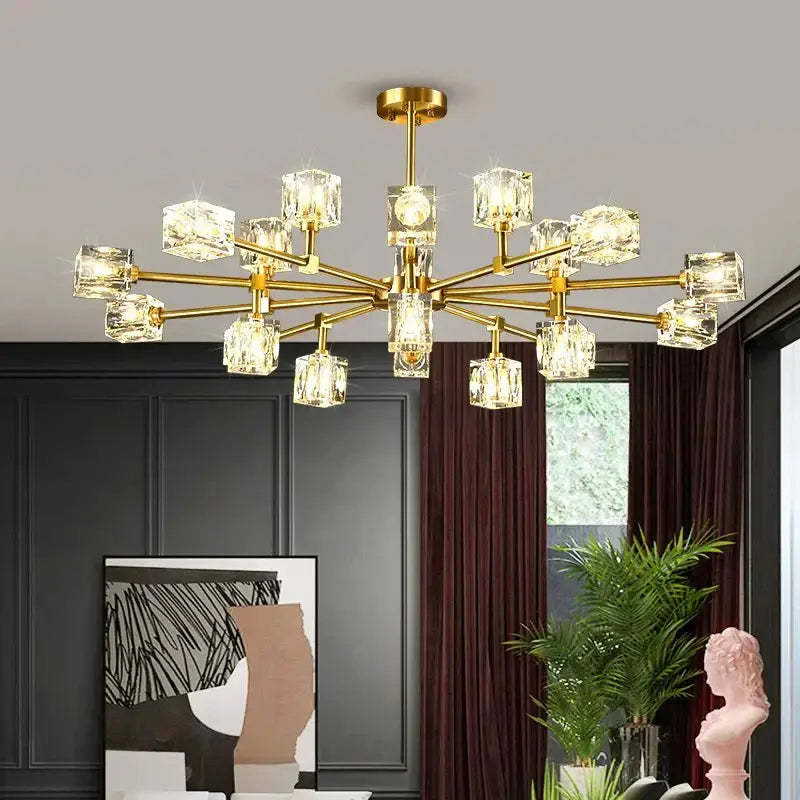 Gold-toned DecorBites crystal chandelier pendant light featuring multiple crystal cube lights for luxury indoor lighting