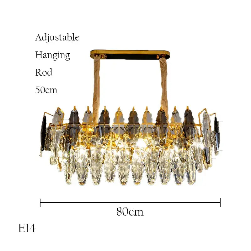 Gold-toned decorbites crystal chandelier pendant light with cascading crystal droplets and adjustable hanging rod for living room