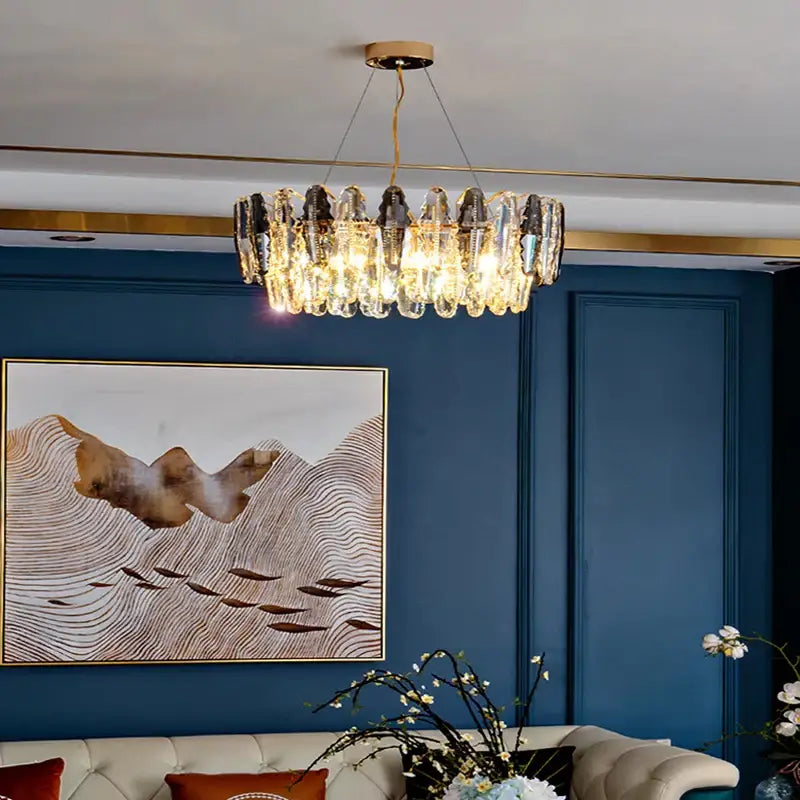 Decorbites crystal chandelier pendant light with clear and dark-tinted glass crystals and gold-toned metal for living room