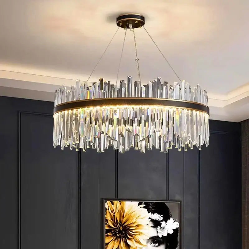 Decorbites crystal chandelier pendant light with bronze metal frame and cascading clear crystals for living room ceiling