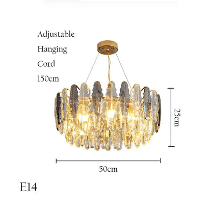 Decorbites crystal chandelier pendant light with circular clear and dark gray crystals, gold ceiling mount for living room