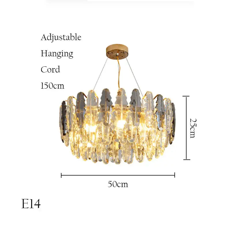 Decorbites crystal chandelier pendant light with circular clear and dark gray crystals, gold ceiling mount for living room