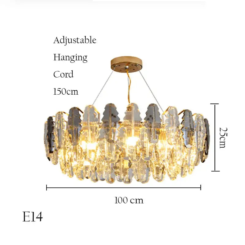 Decorbites crystal chandelier pendant light with gold-toned mount and cascading clear crystal droplets in concentric circles