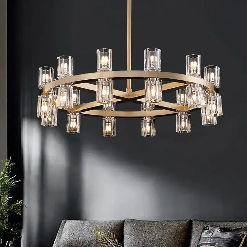 Gold-toned decorbites crystal chandelier pendant light with clear glass candle bulbs for living room ceiling lighting