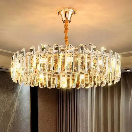 DecorBites™ chandelier pendant light with clear crystal prisms and warm led lights for living and dining rooms