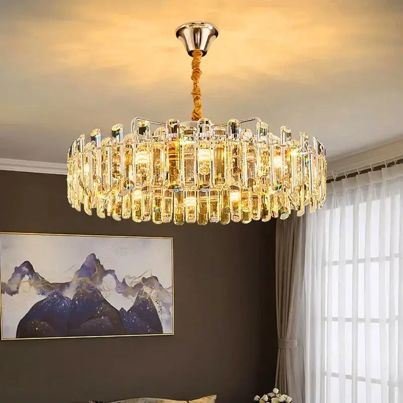 Decorbites™ golden crystal chandelier pendant light with sleek chrome fixture and braided cord for living room lighting