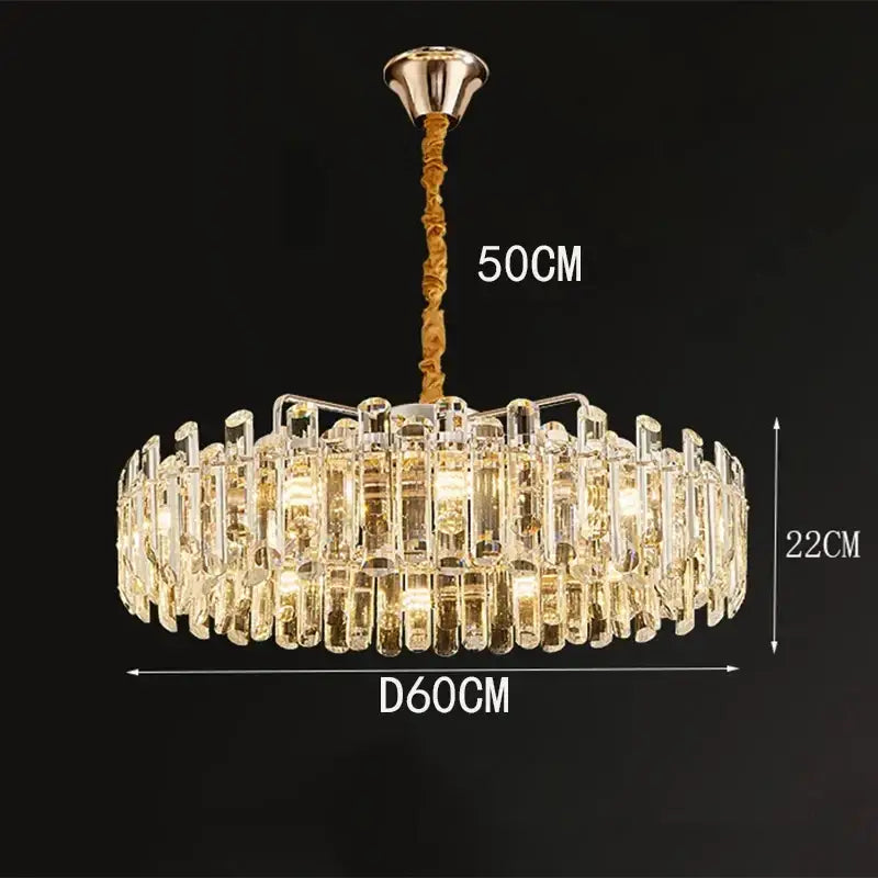 DecorBites™ chandelier pendant light with gold metal mount and clear glass rods refracting warm light for living room