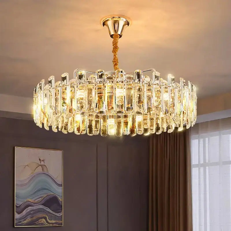 DecorBites™ crystal chandelier pendant light with clear faceted rods and twisted gold chain for living room lighting