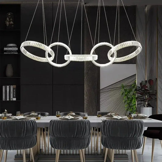 Modern crystal-encrusted DecorBites crystal chandelier pendant light with interlocking circles for living room ceiling lighting