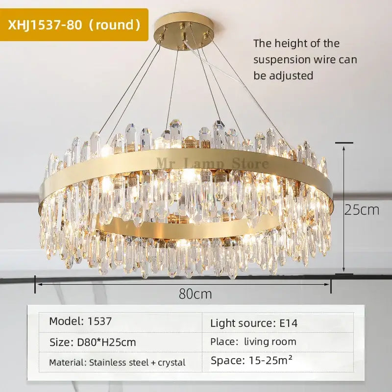 Gold-toned decorbites crystal chandelier pendant light with circular frame and cascading crystal droplets for luxury rooms
