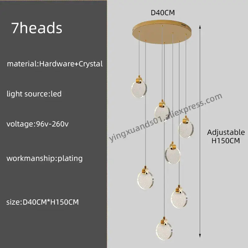 Gold-toned decorbites crystal chandelier pendant light with seven crystal spheres for luxury staircase lighting