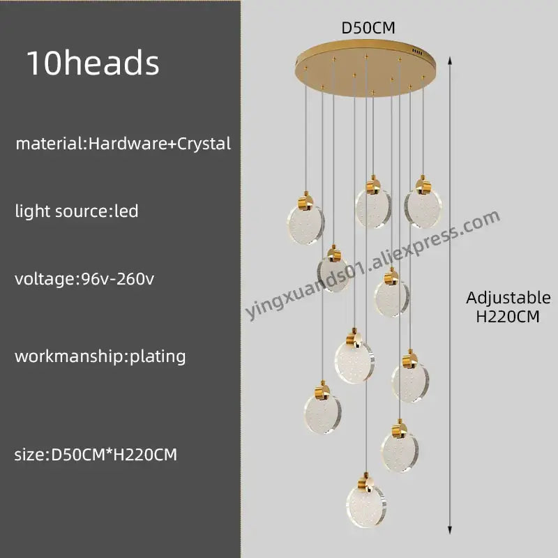 Gold-plated decorbites crystal chandelier pendant light with ten clear crystal spheres for luxury staircase decor