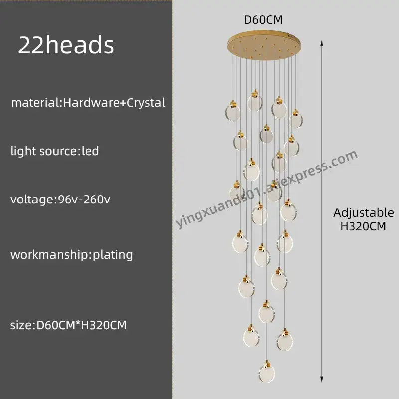 Elegant gold-plated DecorBites crystal chandelier pendant light with 22 crystal droplets for luxury staircase decor