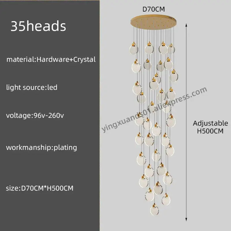 Gold-toned DecorBites crystal chandelier pendant light with 35 crystal orbs for luxury staircase lighting