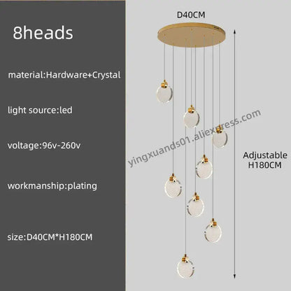 Gold-toned circular DecorBites crystal chandelier pendant light with eight dangling crystal spheres for luxury staircase