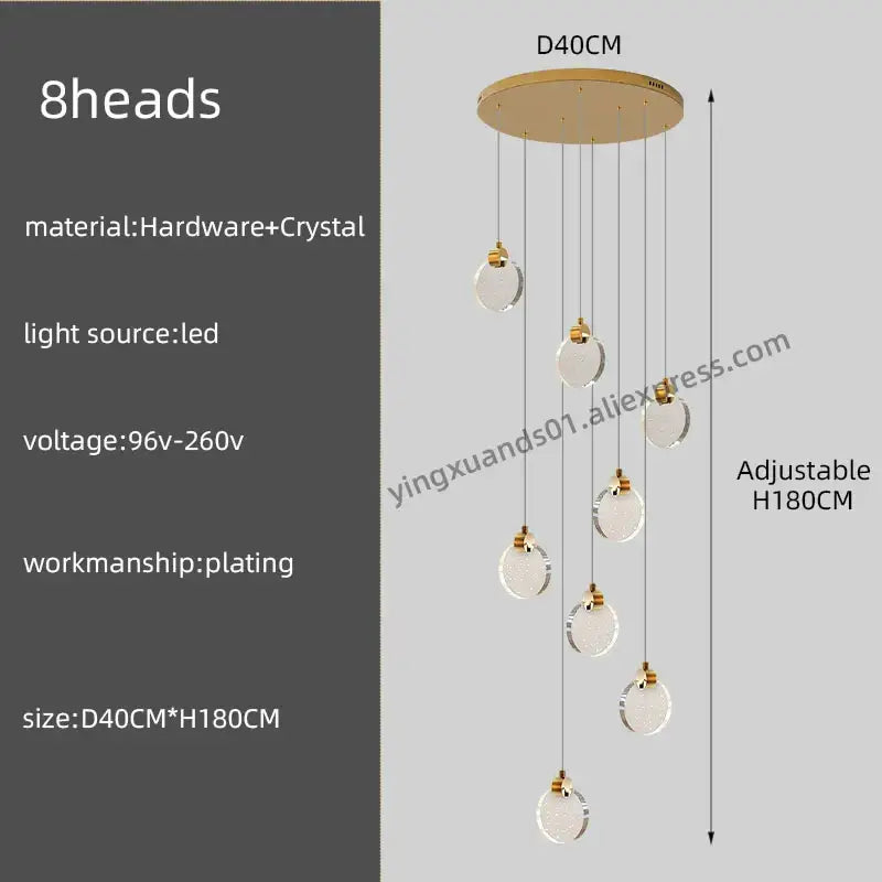 Gold-toned circular DecorBites crystal chandelier pendant light with eight dangling crystal spheres for luxury staircase