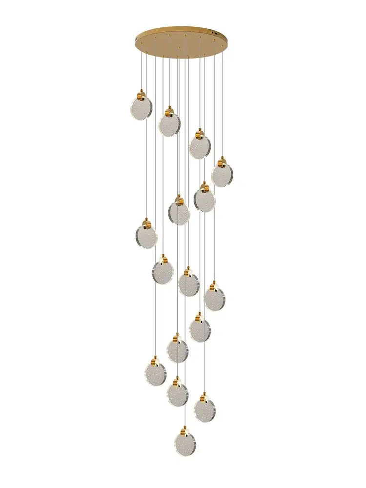DecorBites crystal chandelier pendant light with circular gold mount and clear glass discs for luxury staircase pendant light
