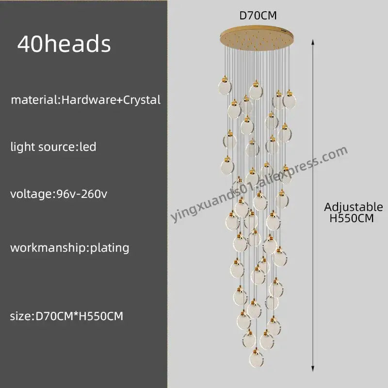 A decorbites crystal chandelier pendant light with 40 clear crystal orbs and gold hardware for luxury staircase