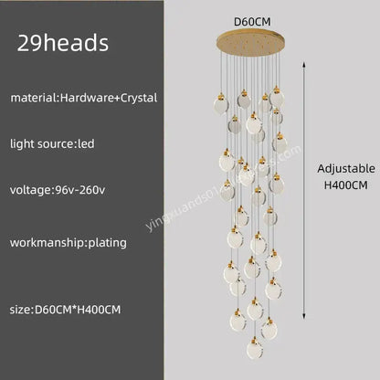 Gold-plated DecorBites crystal chandelier pendant light with 29 clear crystal spheres for luxury staircase lighting