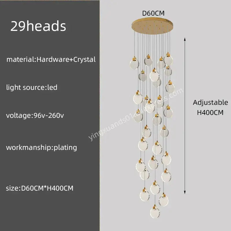 Gold-plated DecorBites crystal chandelier pendant light with 29 clear crystal spheres for luxury staircase lighting