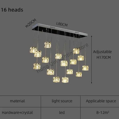Modern rectangular decorbites crystal chandelier pendant light with 16 crystal cubes and chrome fixture for indoor dining