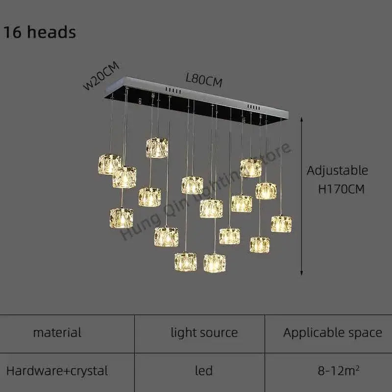 Modern rectangular decorbites crystal chandelier pendant light with 16 crystal cubes and chrome fixture for indoor dining