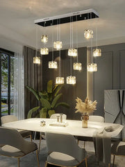Modern rectangular decorbites crystal chandelier pendant light with black silver frame and warm crystal pendants for indoor use