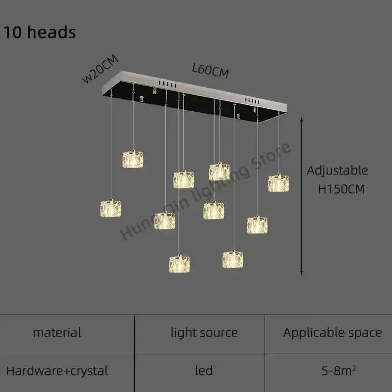 Modern rectangular decorbites crystal chandelier pendant light with ten hanging crystal cubes and sleek chrome frame for indoor use