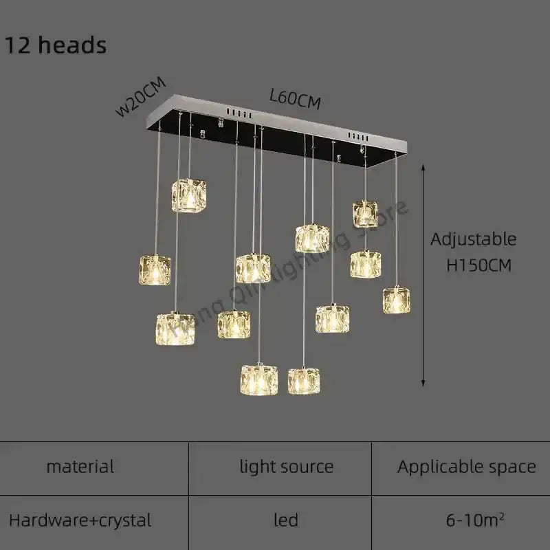 Decorbites crystal chandelier pendant light with 12 heads chrome frame and faceted glass cubes for modern indoor use