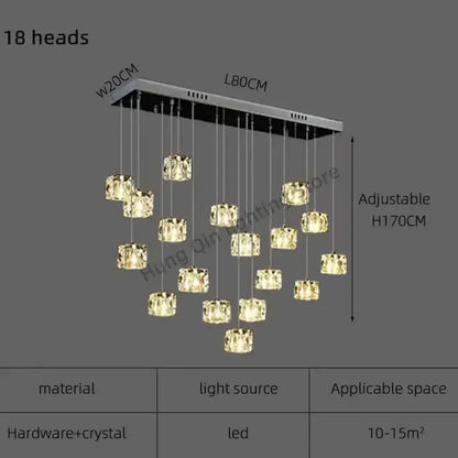 Modern rectangular DecorBites crystal chandelier pendant light with 18 crystal cubes for indoor dining and kitchen lighting