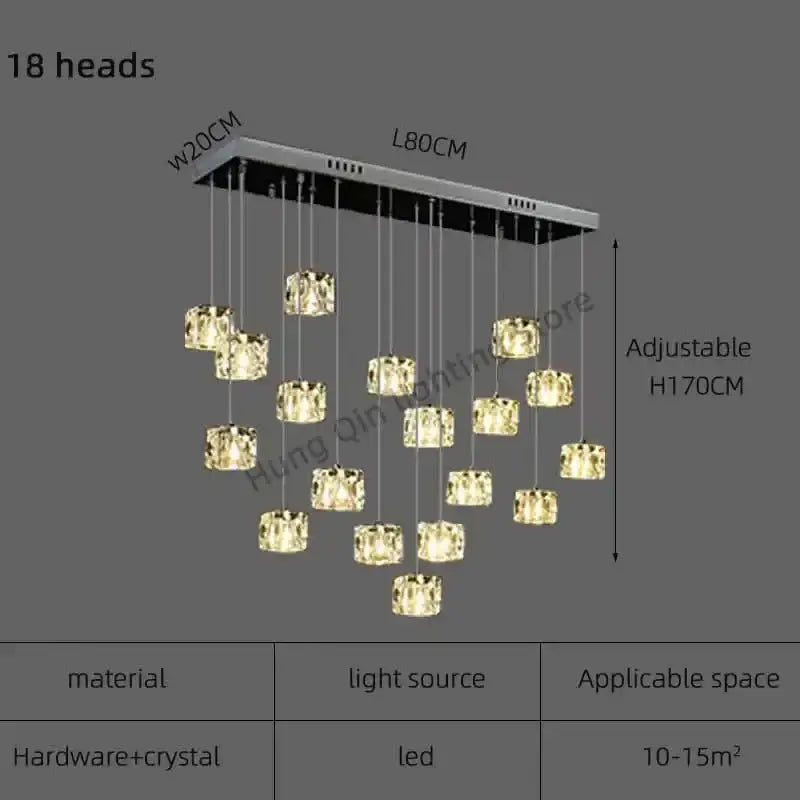 Modern rectangular DecorBites crystal chandelier pendant light with 18 crystal cubes for indoor dining and kitchen lighting
