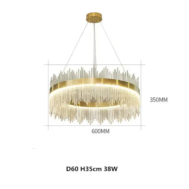 Gold-toned decorbites crystal chandelier pendant light with cascading crystal rods for modern luxury dining room use